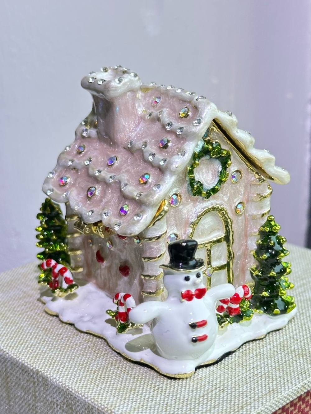 Pink Enamel Snow House Trinket Box Christmas Decor